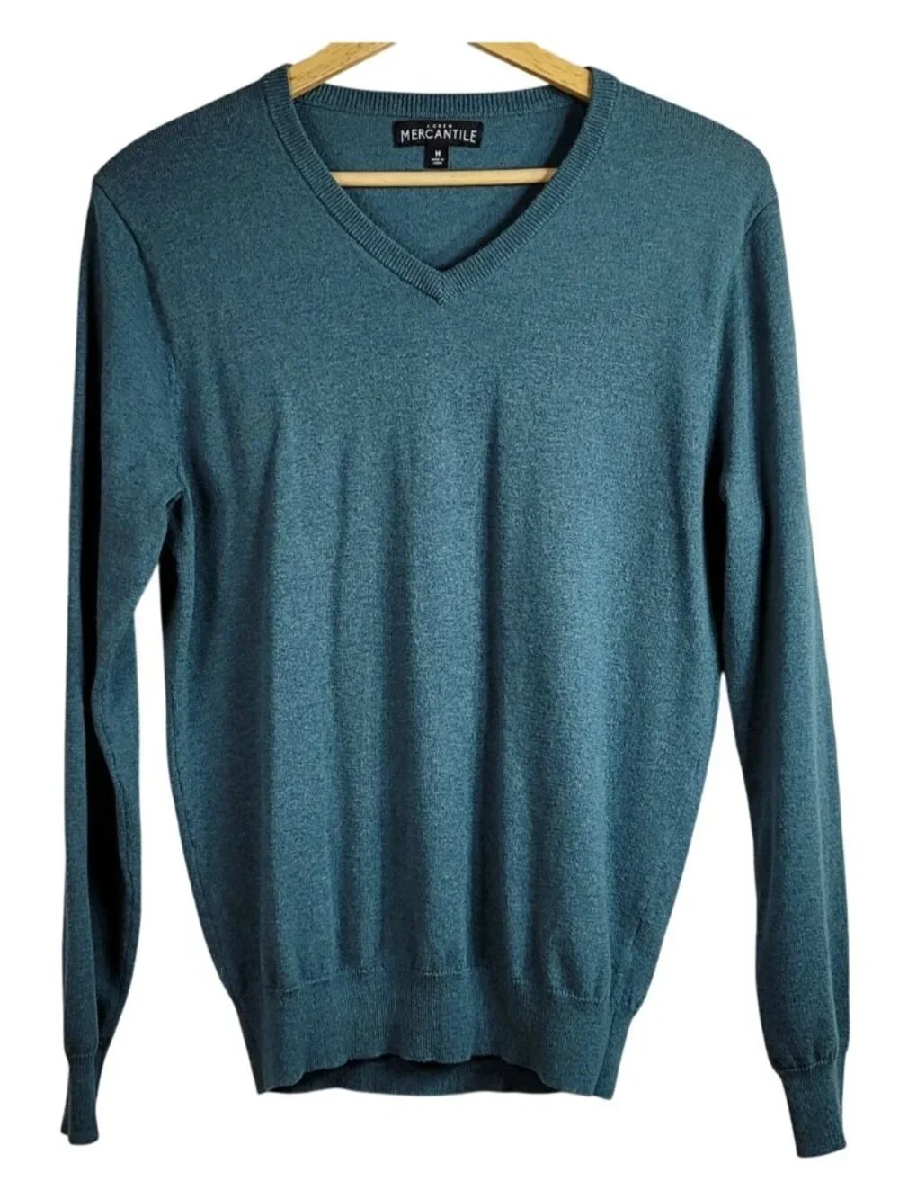 J. Crew Mens Mercantile Merino Wool Sweater Green Med Long Sleeve VNeck Pullover